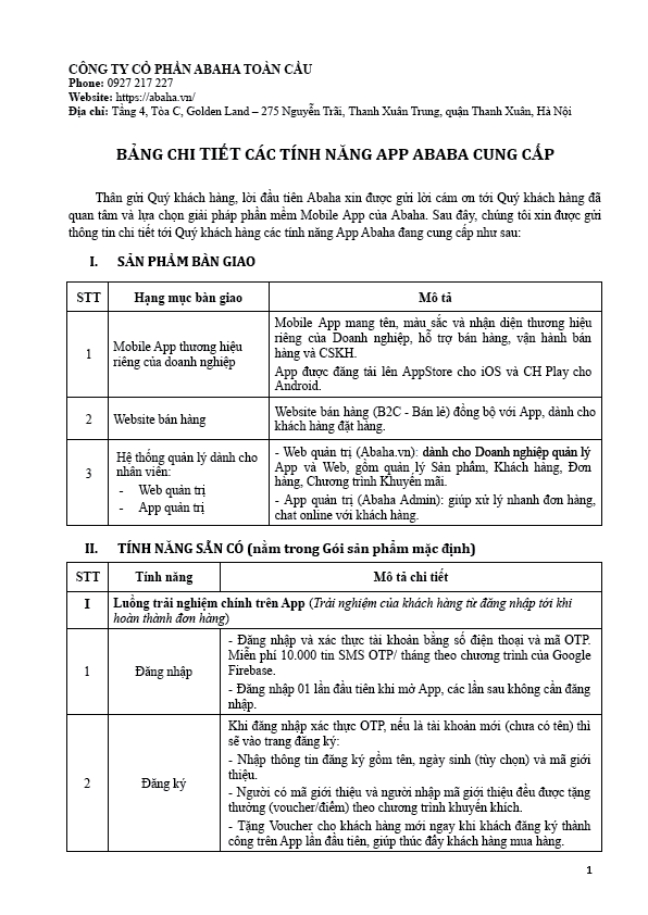 Bảng mô tả chức năng chi tiết của sản phẩm Abaha Giải pháp xây dựng
